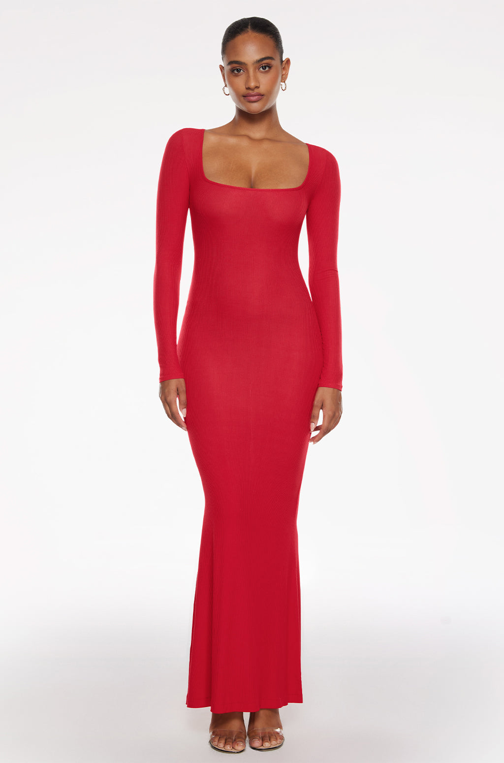 Ribbed Long Sleeve Maxi Dress Lipstick Red / M