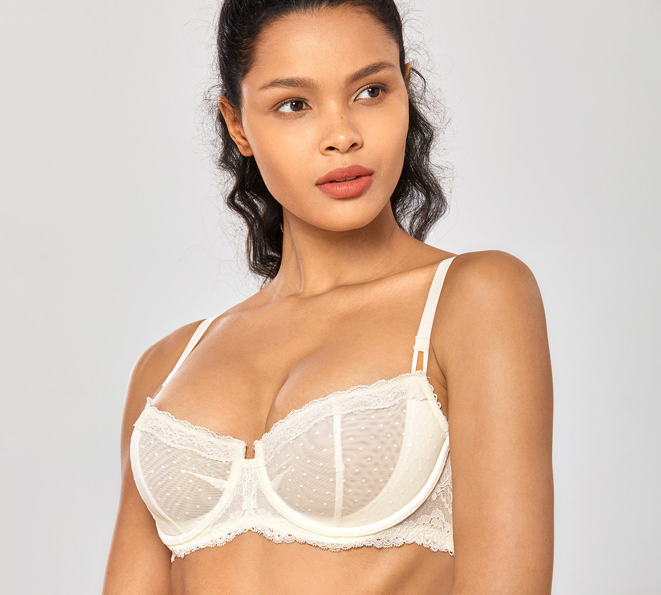 Women's Sexy Mesh Lace Balconette Bra Gravel Beige
