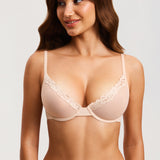 DOBREVA Mesh Sheer Demi Underwire Unlined Balconette Bra With Lace Trim Beige