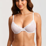 DOBREVA Mesh Sheer Demi Underwire Unlined Balconette Bra With Lace Trim White