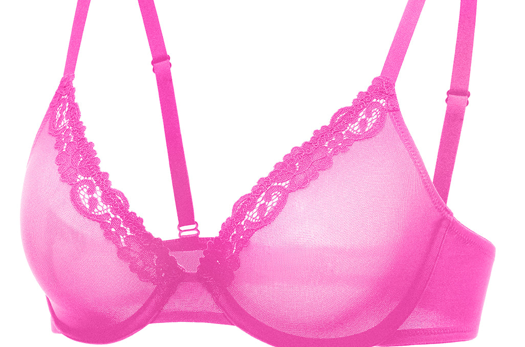 DOBREVA Mesh Sheer Demi Underwire Unlined Balconette Bra With Lace Trim Glitter Rose