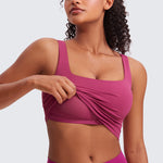 CRZ YOGA Women's Square Neck Longline Sports Bra Deep Red