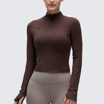 CRZ YOGA Women's Half Zip Long Sleeve Cropped Top Hot Fudge Brown