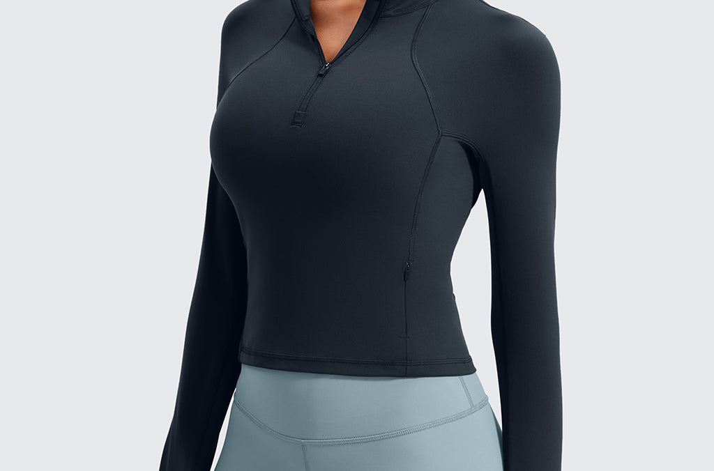 CRZ YOGA Women's Half Zip Long Sleeve Cropped Top Deep Red
