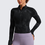 CRZ YOGA Women's Half Zip Long Sleeve Cropped Top Pink Peony