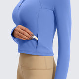 CRZ YOGA Women's Half Zip Long Sleeve Cropped Top Deep Red