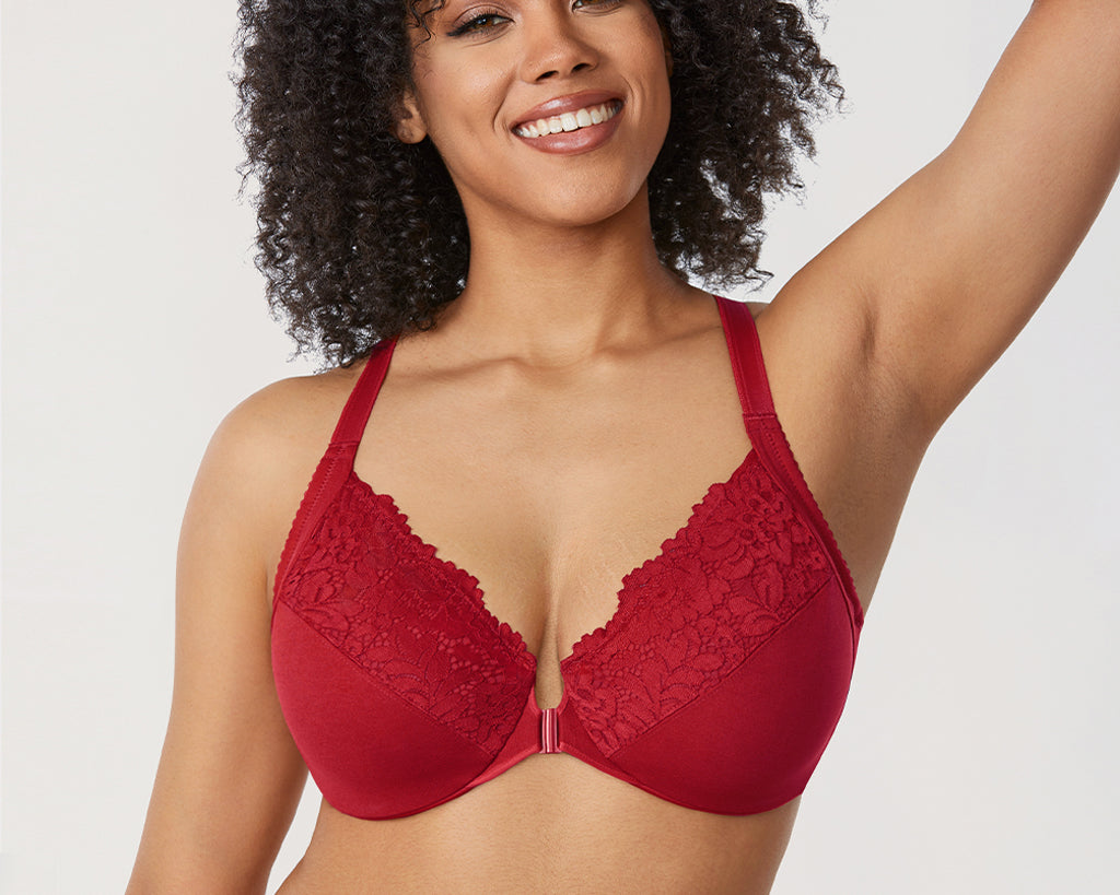 Women's Lace Front Closure Bra Dark Red