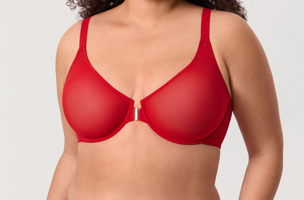 Women's Sheer Mesh Front Closure Posture Bra Lipstick Red
