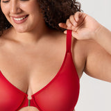 Women's Sheer Mesh Front Closure Posture Bra Lipstick Red